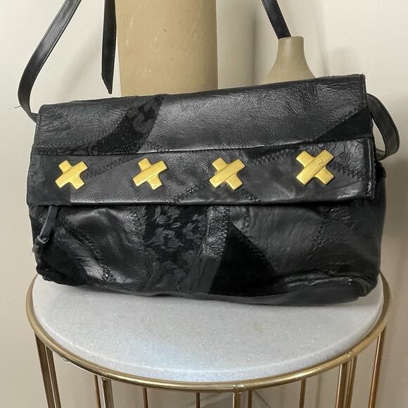 VTG Black Patchwork Boho Leather Suede 80s Shoulder Crossbody Bag Glam Studio 54 - Picture 6 of 16